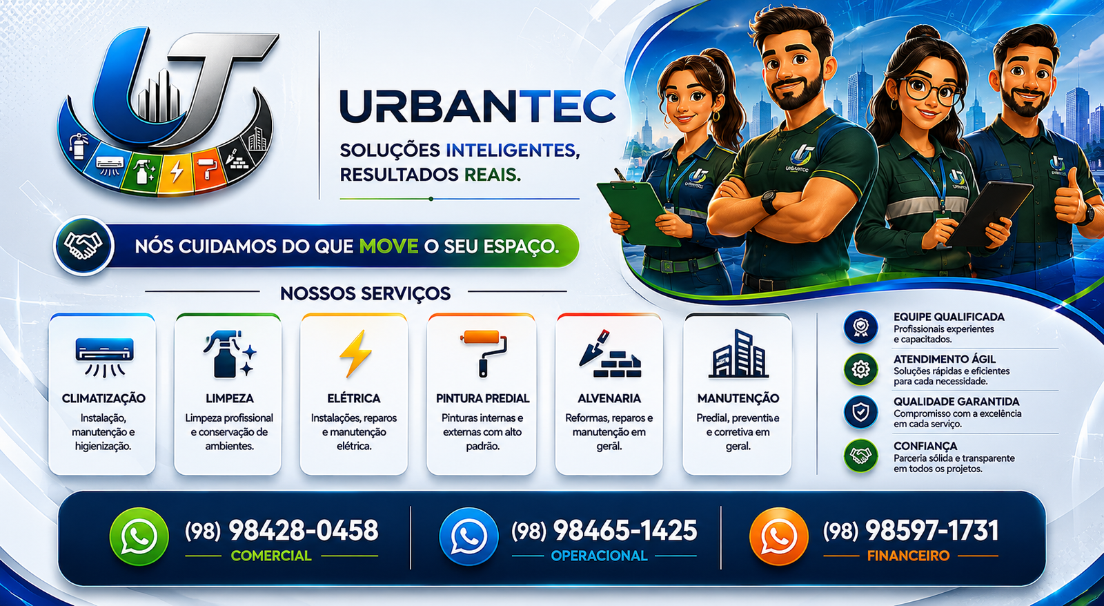 Apresentação UrbanTec: equipe ilustrada, serviços de climatização, limpeza, elétrica, pintura predial, alvenaria e manutenção. Contatos na arte: comercial (98) 98428-0458; operacional (98) 98465-1425; financeiro (98) 98597-1731.